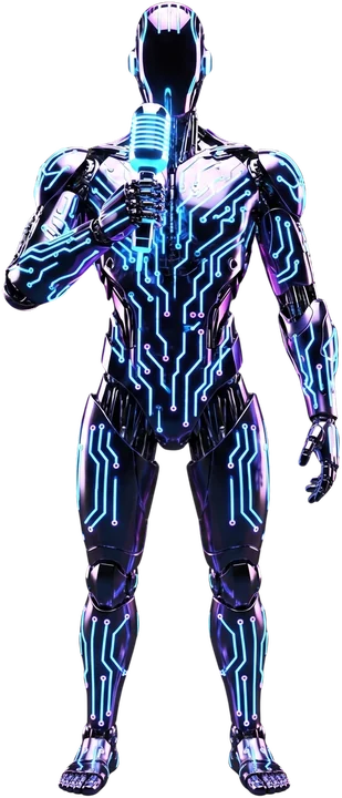 Código Ayrion, personaje virtual cibernético con circuitos de luz azul y micrófono clásico